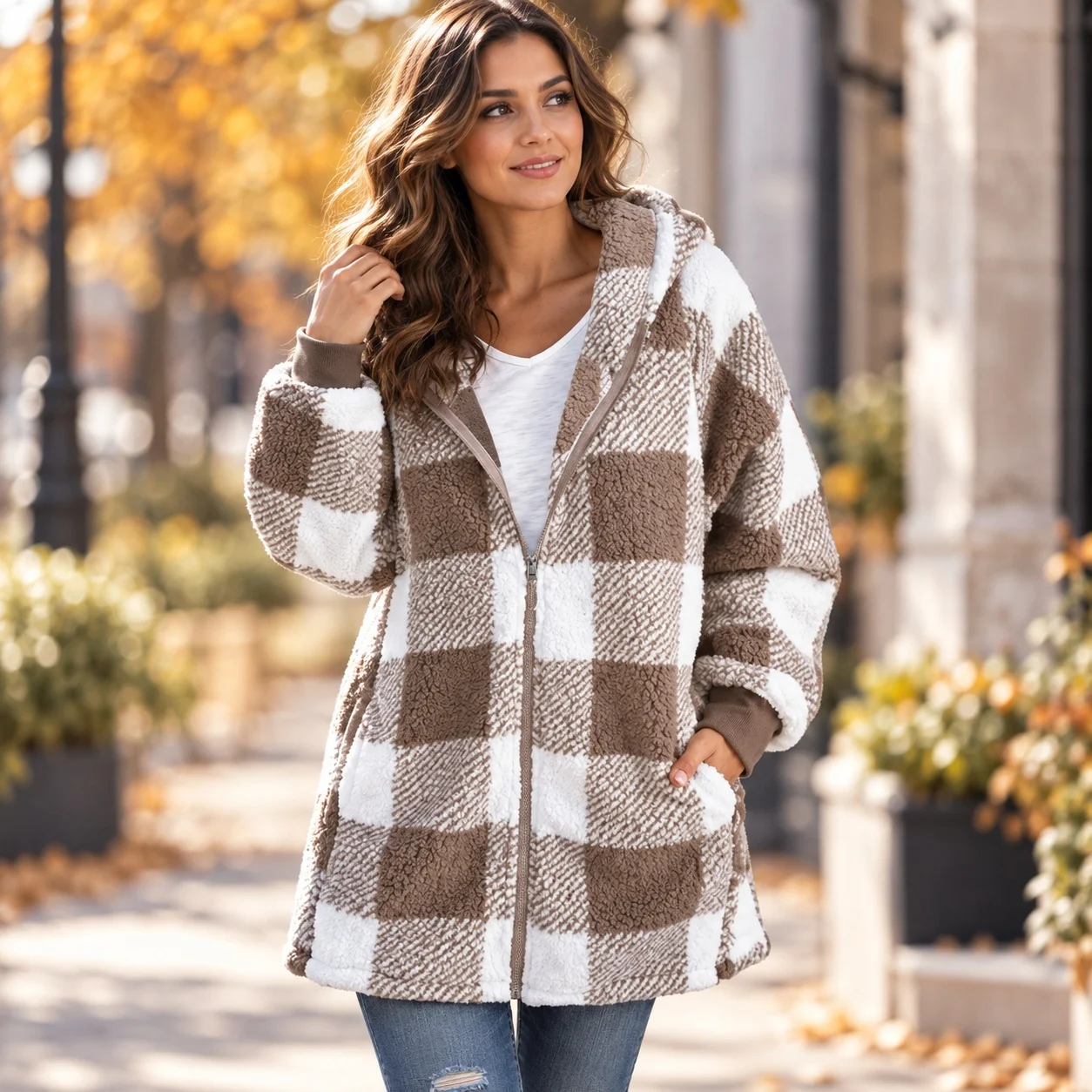 Hooded Plaid Coat Mid Length Regular Fit Casual Commuter with Cardigan Style Button Front Winter Thick Women Winter Jacket