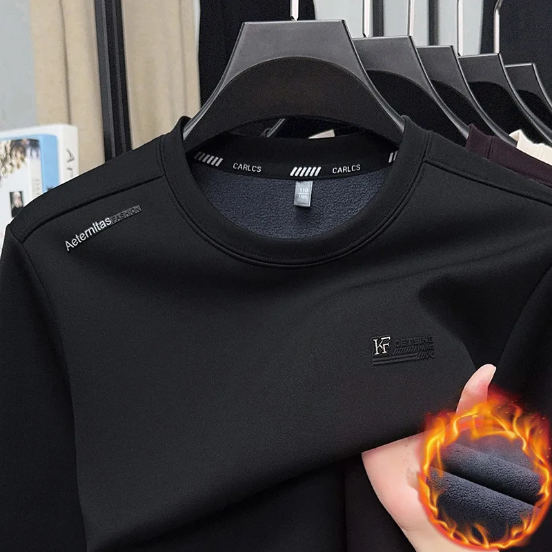 Men's Winter Fleece Sweatshirt Thick Warm Crewneck Pullover Solid Color Casual Long Sleeve Tops O-Neck Basic Thermal Jumper Male