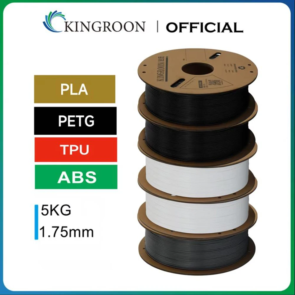 KINGROON 3D Printer Filament PLA PETG TPU ABS 5KG Bundle Black White Gray 1.75mm No Bubbles Plastic 5x1kg/Roll, Random Spool