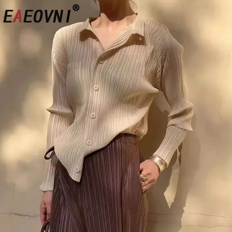 

EAEOVNI 2025 Fashion Women Shirt Miyake Pleated Design Lapel Long Sleeve Button Solid Color Slim Blouse Tops Versatile New