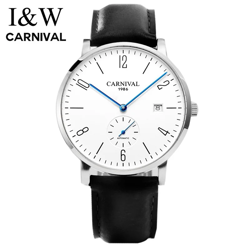 CARNIVAL Original Automatic Mechanical Clock Men Full Steel Business Sports Watches Leather Fashion Casual Calendar Transparent