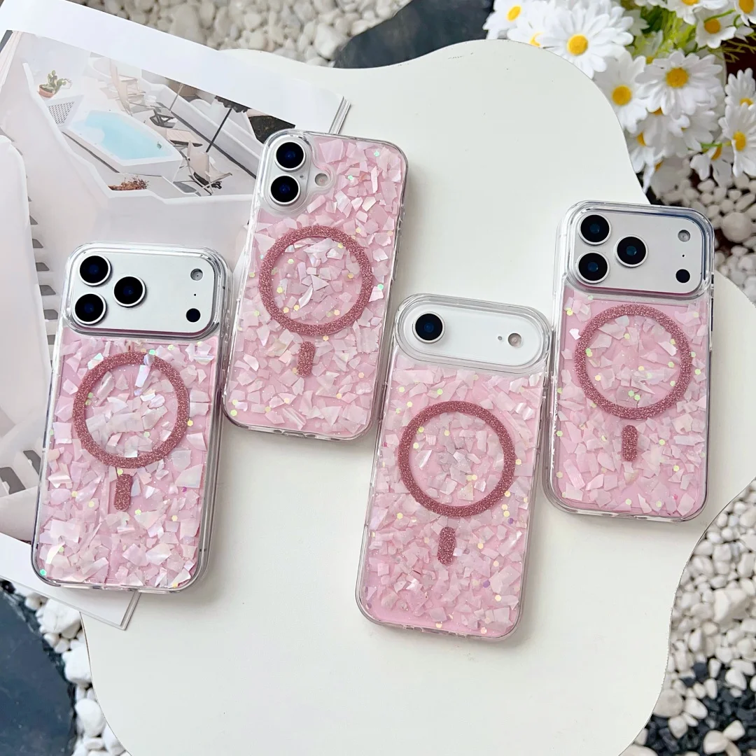 

For iphone 17 Air Pro Max Case Shell Pattern Magsafe Pink Glitter Spakle Soft TPU Case Cover