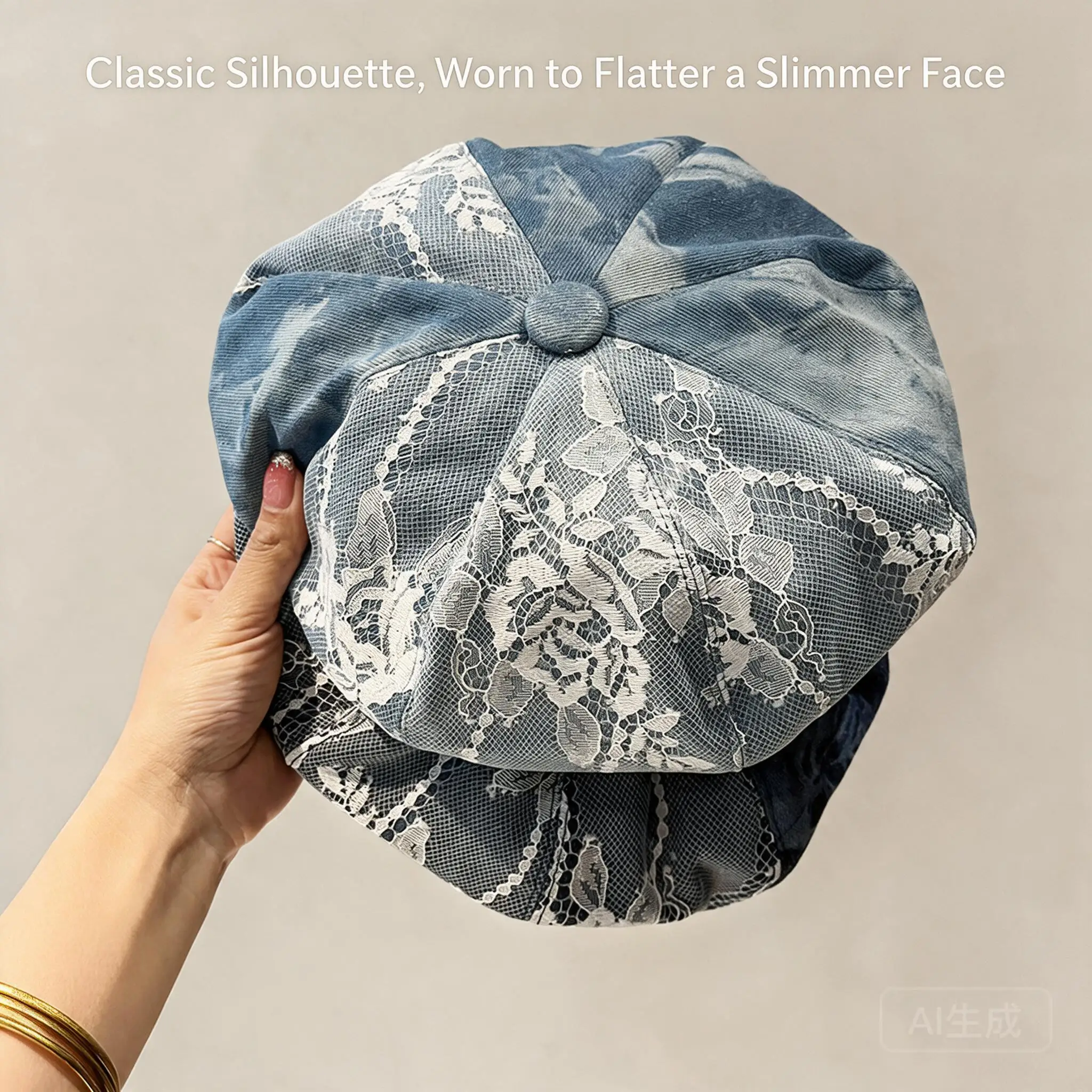 Light Blue Lace Patchwork Denim Beret Hat For Women Spring Summer Thin Breathable Octagonal Painter Cap Face Slimming Casual Fas