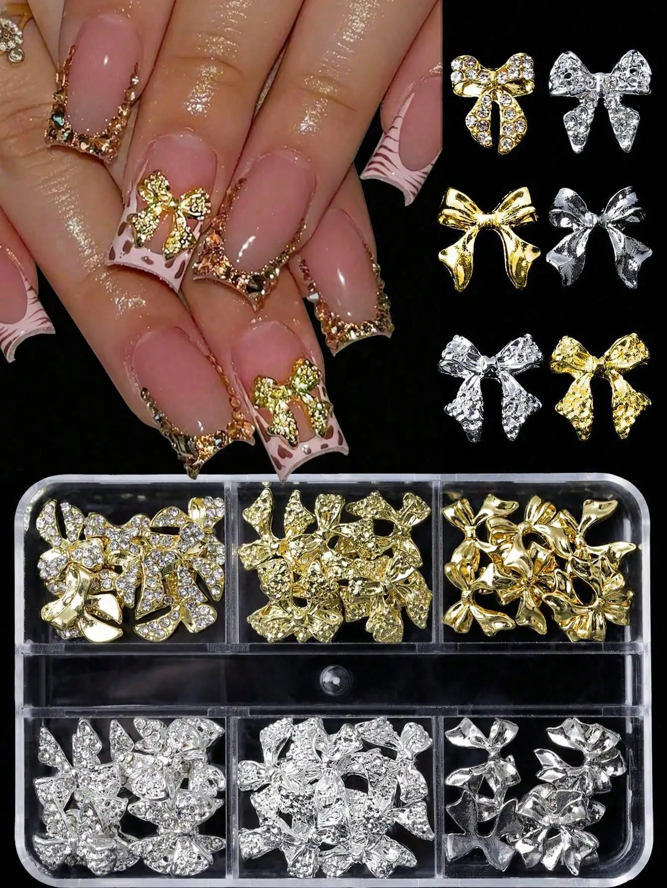 

48 Pieces Gold & Silver Shiny Rhinestone Bow-Shaped Nail Plate Craft Accessories, 3D Nail Art Alloy Bow. Hot Girl, Princess & Fairy Style. DIY Nail Art Gemstone Ornaments.