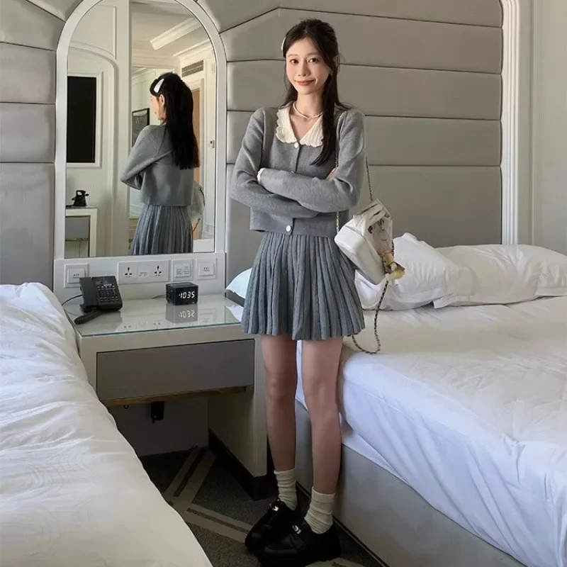 Korean Fashion Elegant Gray Knit Skirt Suits Spring Autumn College Style Short Cardigan Sweater Top+Mini Skirt Women Outfit 2pcs