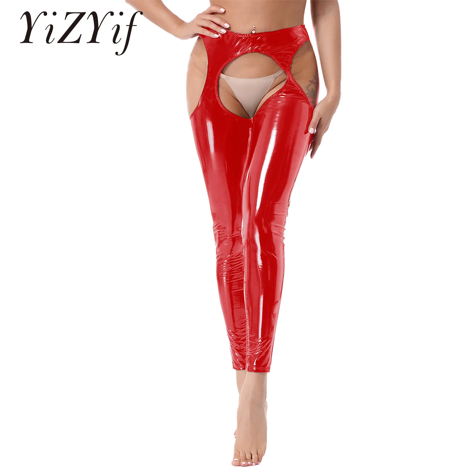 

Women Erotic Crotchless Latex Leggings Pants Lingerie High Waist Patent Leather Open Crotch Skinny Pants Sissy Ladies Clubwear