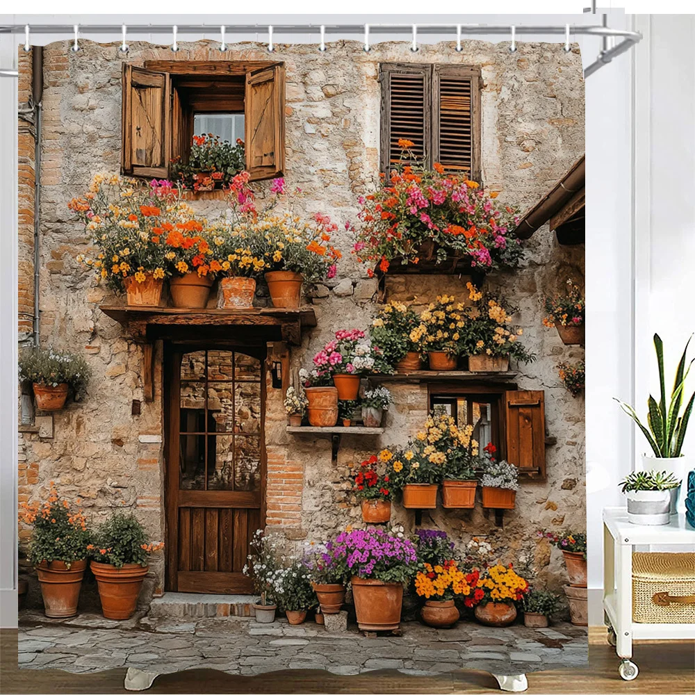 Rustic Old Stone House Colorful Potted Flowers Print Bath curtain Soft t Warm Sofa Bed Cover Tuscan Town Floral