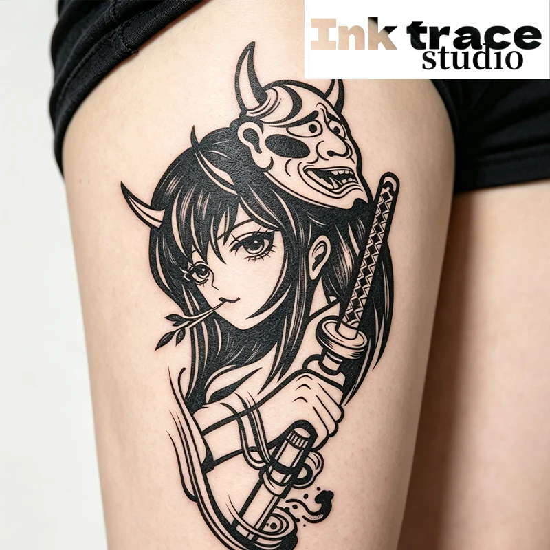 Japanese Hannya Mask Samurai Girl Black Anime Temporary Tattoo Sticker Fake Body Art for Arm Thigh