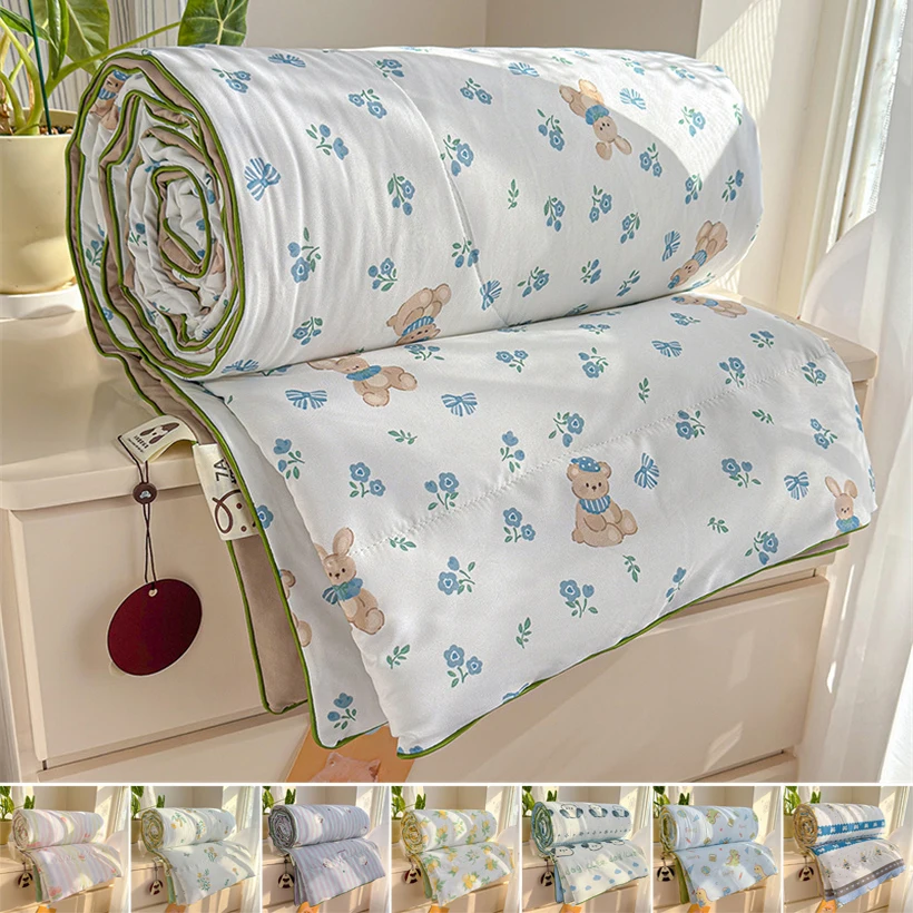 Washed Cotton Summer Cool Air Conditioning Quilt with 7A Antibacterial Fibre Filling Lightweight Cotton Quilt Comforter Blanket