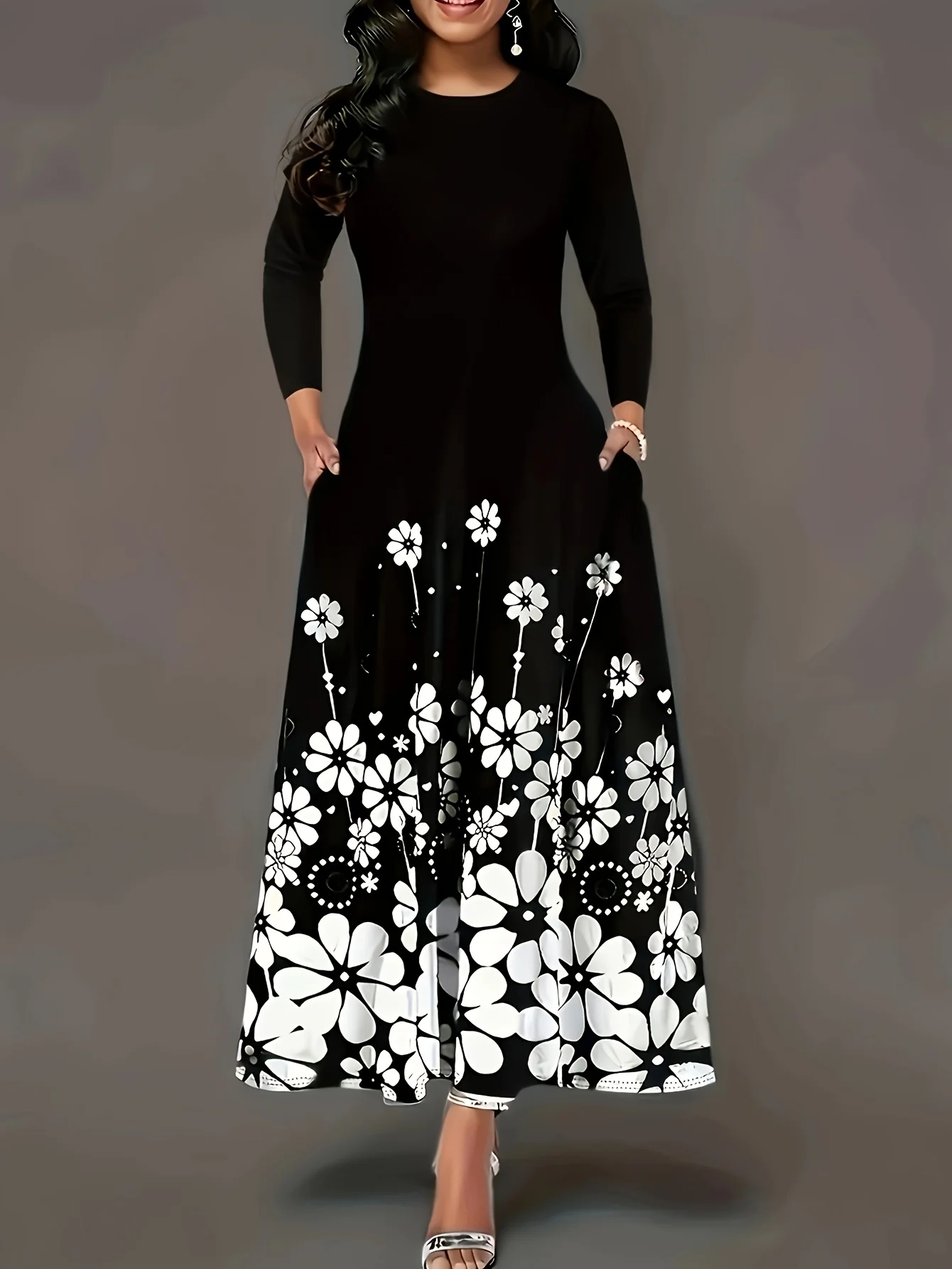 Vestido Largo Estampado de Manga Larga, Nuevo Estilo de Primavera y Otoño, Elegante Falda Larga para Mujer