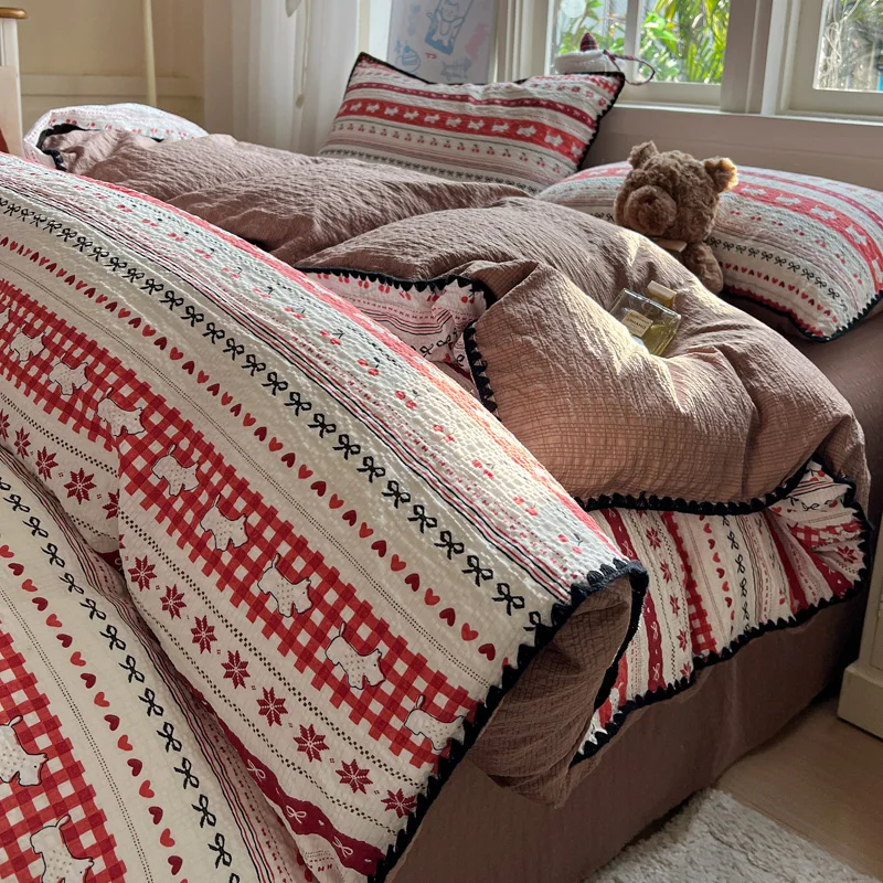 Puff Yarn Bedding Set Fashion Printed Bed Sheet Sets Embroidered Edge Single/Queen/King Size Comfortable Double Bed Set 침구세트