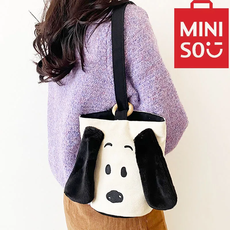 MINISO Canvas Embroidered Three-Dimensional Ear Bucket Handbag Snoopy Large Face Series Shoulder Bag Handbag