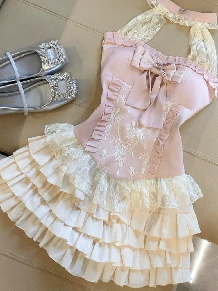 

Лолита Стиль Kawaii Кружевное Полое Ожерелье Из Две Частей Одинаковые Комплекты Майка Мини Многоуровневая Юбка 2000-х Электронные Девушки Лето Y2k Молоды Девочки