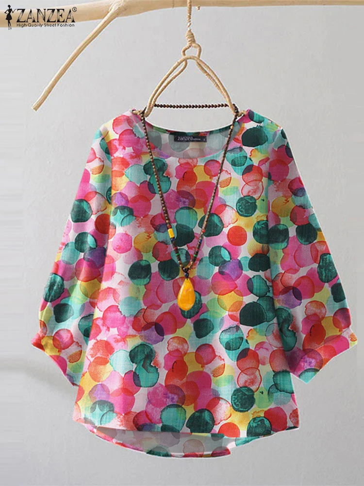 

ZANZEA Vintage Colorful Polka Dot Tops Women Irregular Hem Blouse Casual Loose Long Sleeve O-neck Chiffon Shirts Spring Tunics