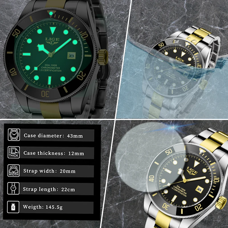 LIGE 2023 New Mens Watches Top Brand Luxury Fashion Gold Watch Men Luminous Waterproof Date Clock Sport Mens Quartz Wristwatch