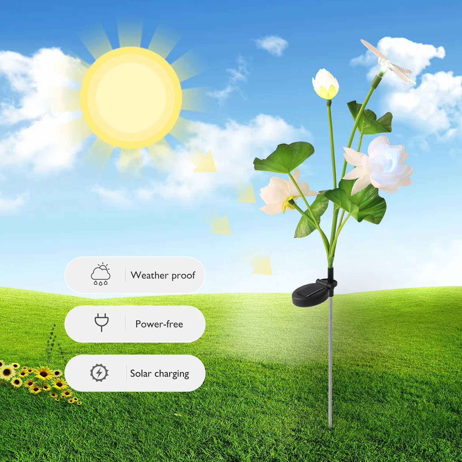 

IP44 Waterproof Solar Light with Lotus Dragonfly Design 4-LED Outdoor Garden Landscape Lighting Yard Pathway Lights