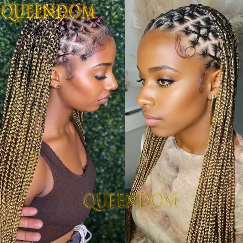 

Ombre Blonde Synthetic Criss Cross Braid Wig Full Lace Crochet Box Braided Goddess Wig Knotless 36 Inch Cornrow Plait Braids Wig