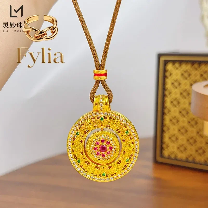 Fylia Jewelry   Luxury fashion 9999 24K real gold namel dot diamond silk compass pendant necklace rotatable Ruyi disc pendant