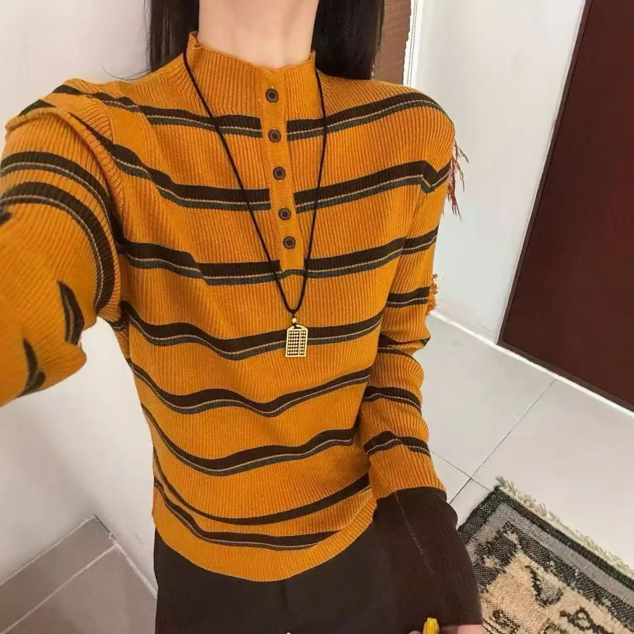 

Autumn Winter New Fashion Striped Turtleneck Pullover Women's Elegant Versatile Long Sleeve Slim Tops Casual Beautiful Sweater