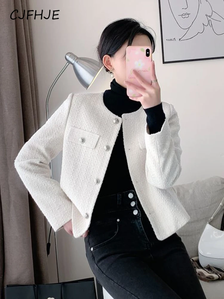 

CJFHJE French Simple Chic Tweed Jackets Women Casual Long Sleeve Solid Color Coats Fashion O Neck Buttons Elegant Female Outwear