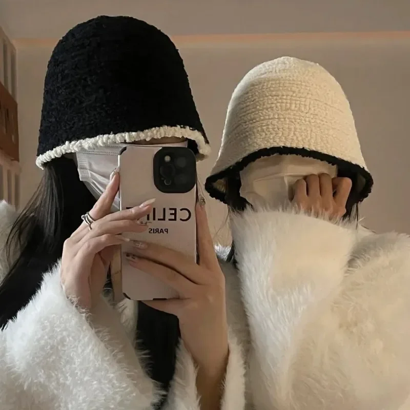 Lamb Fleece Wool Bonnet Cap Women Winter Warm Thick Knitted Hat Panama Fisherman Cap Bucket Hats for Women Шапки Женские Зимние