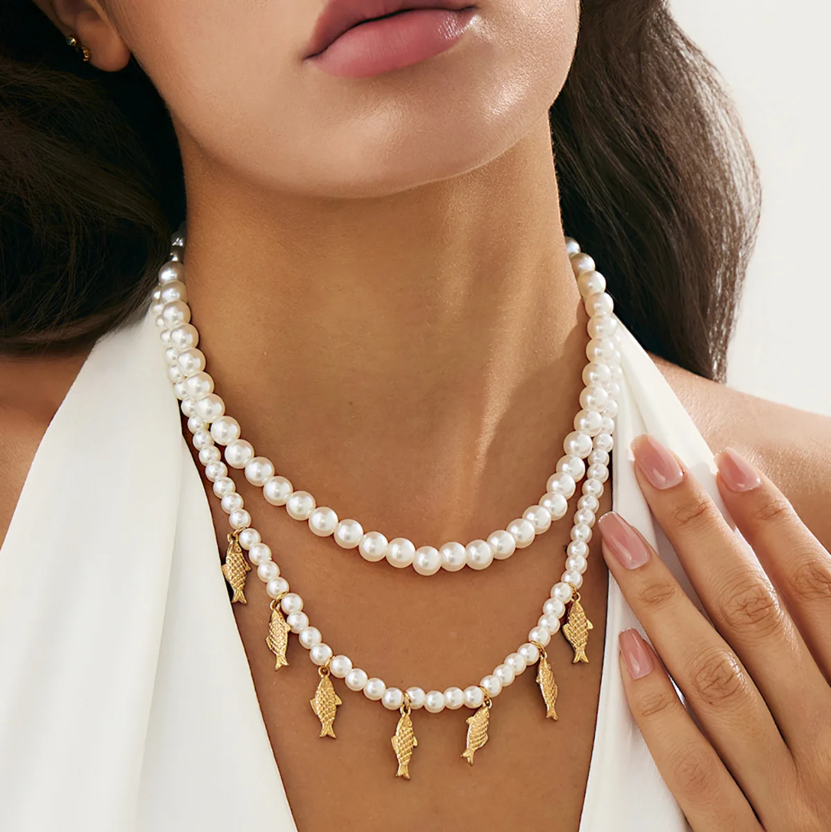 Necklace Fish Pendant Faux Pearl with Premium Metal Chain and Spring Ring Clasp for Women Resort Daily Vacation Stackable