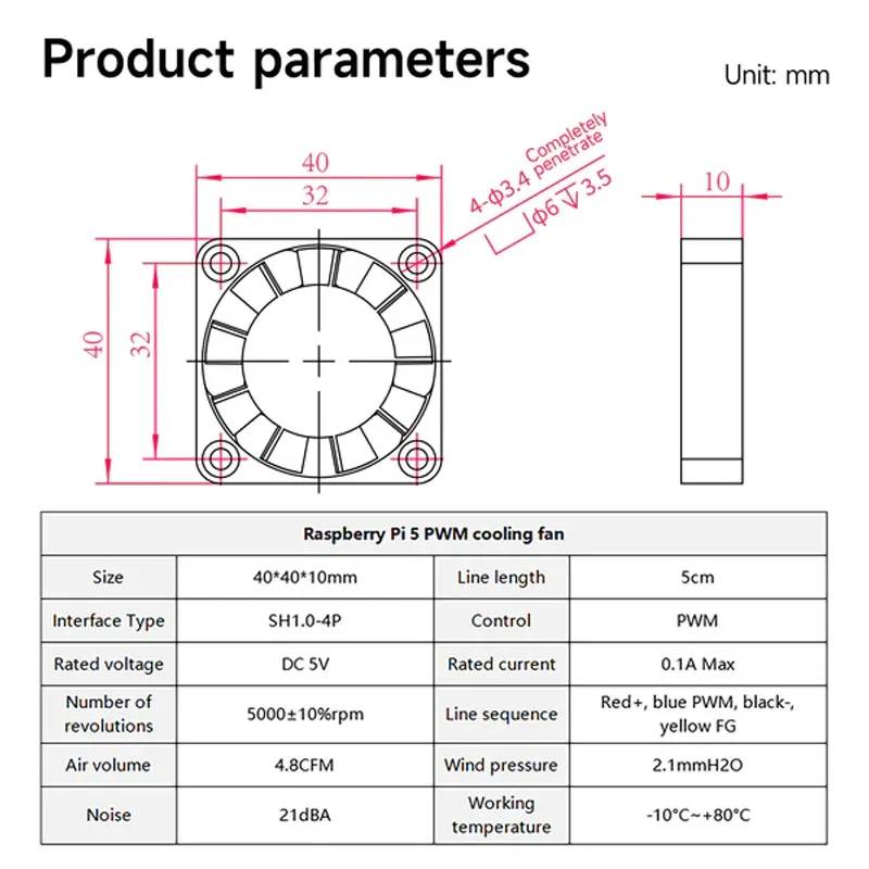 Raspberry Pi 5th Generation Pi5 PWM Cooling Fan Speed Regulation Cooling Large Size DIY Shell Silent Four-pin JST