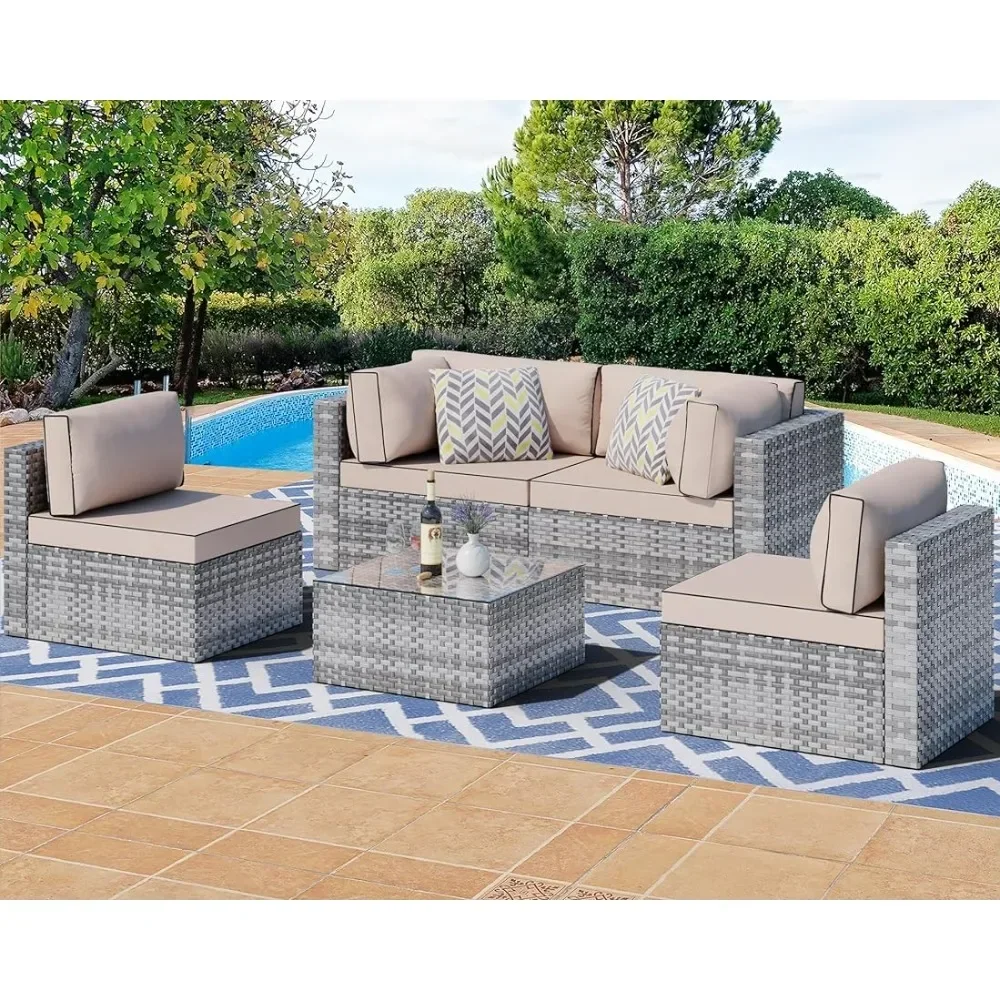 

Shintenchi 5 Pieces Outdoor Patio Sectional Sofa Couch, Silver Gray PE Wicker Furniture Conversation Sets with Washable Cushions