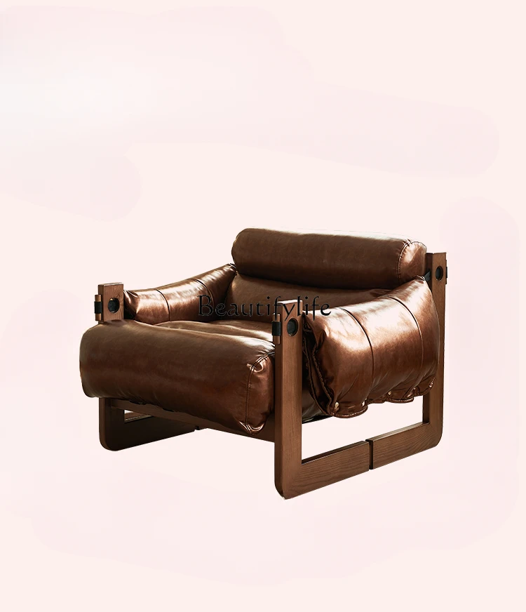 

Nordic Retro Single Leather Sofa Solid Wood Home Leisure Designer Modern Minimalist Recliner