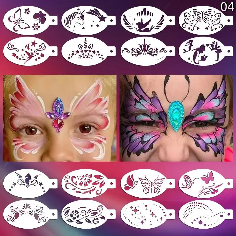 16Pcs Reusable Face Painting Tattoo Stencil Set Hollowed Body Art Eyebrow Template Hand Drawn Spray Painting DIY Stencils