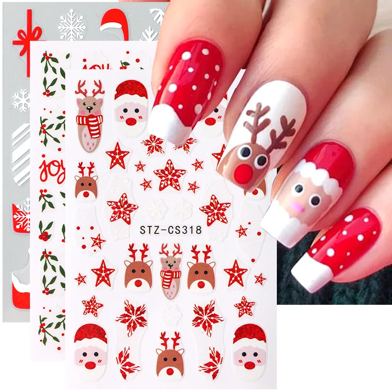 

3pcs 3D Christmas Nail Stickers Cartoon Santa Deer Star Floral Adhesive Sliders Red Xmas Hat Snowflake French Manicure Decals
