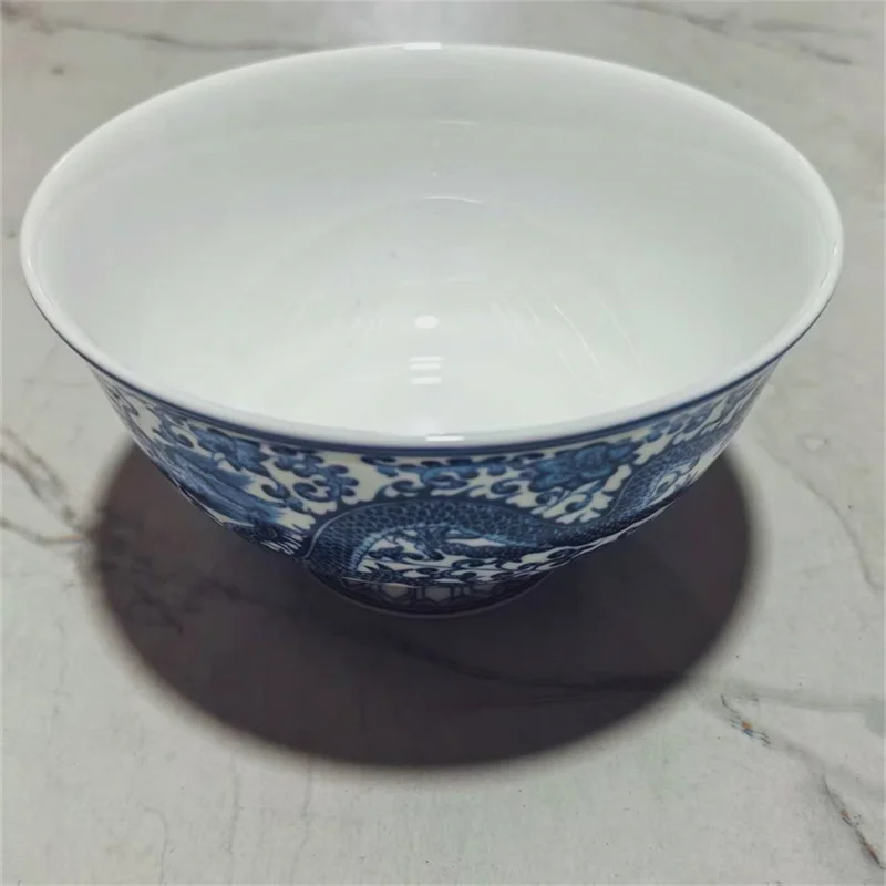 Chinese Old Porcelain Blue White Entwined Lotus Double Dragon Patterned Bowl Antique Decorative Kitchenware Dishware