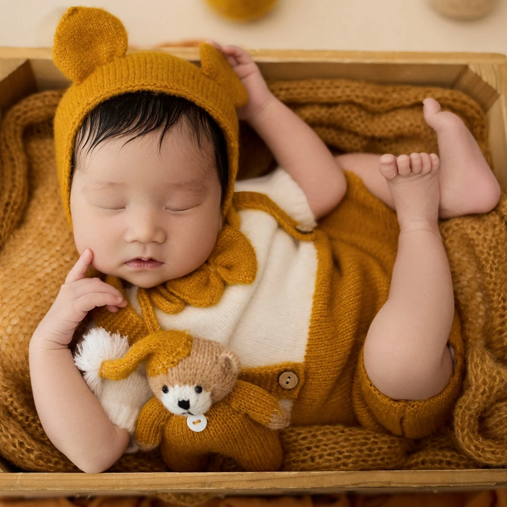 

Orange Baby Bear Costume Newborn Photography Props Knitted Newborn Boy Clothes Cotton Photo Romper Baby Shoooting Accessories