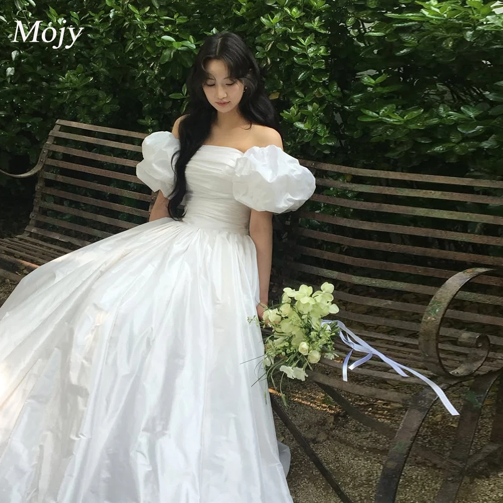 

Mojy A Line Корейские свадебные платья по индивидуальному заказу из тафты со складками и корсетом на спине, свадебные платья с короткими рукавами-фонариками, платье невесты