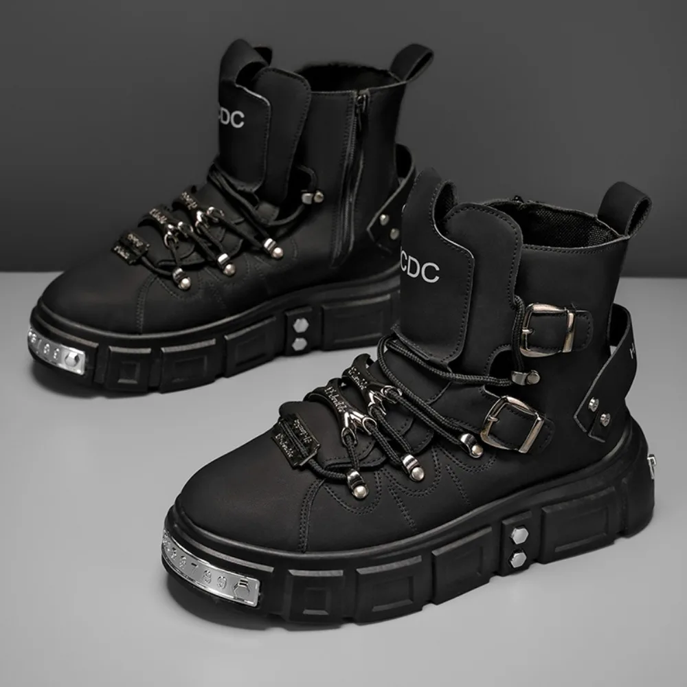 대형 사이즈 벨벳 여성용 2025 신상 플랫폼 메탈 펑크 힐 앵클 블랙 부츠 남성용