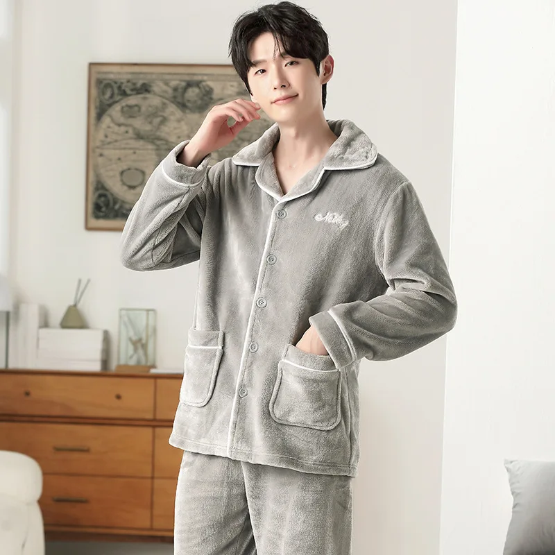 

Men's Light Gray Strip Embroidered Top Pants Two Piece 100% Polyester Breathable Flannel Velvet Pajamas for Winter