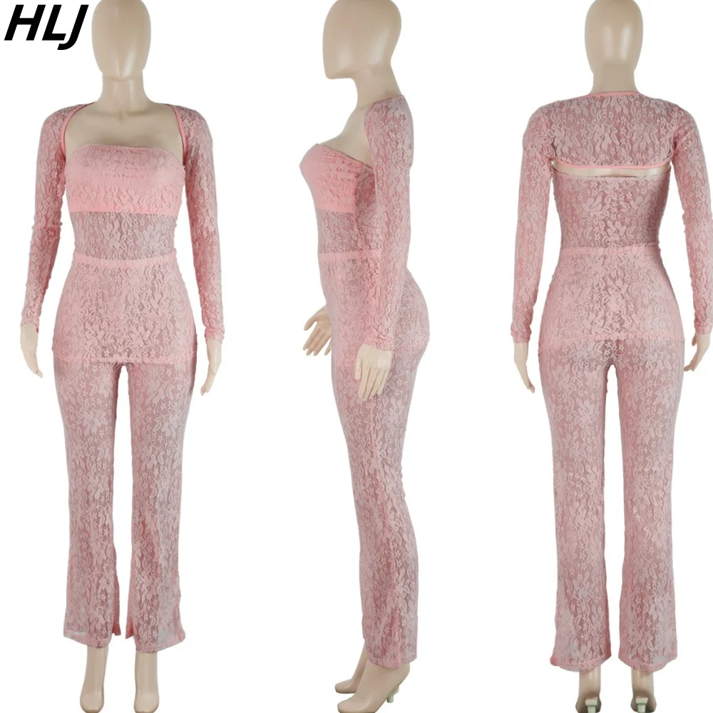 HLJ Sexy Lace Perspective Tube+Long Sleeve Crop Top+Skinny Pants 3 Piece Sets Fashion Solid Color Matching Party Club Clothing