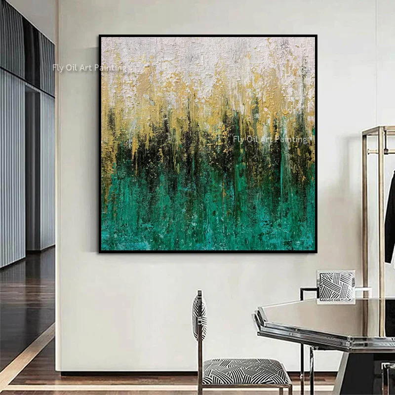 Hand Painted Emerald Green Gold Drip Impasto Painting, Vertical Thick Texture Abstract Canvas, Modern Luxury Sofa Wall Decor
