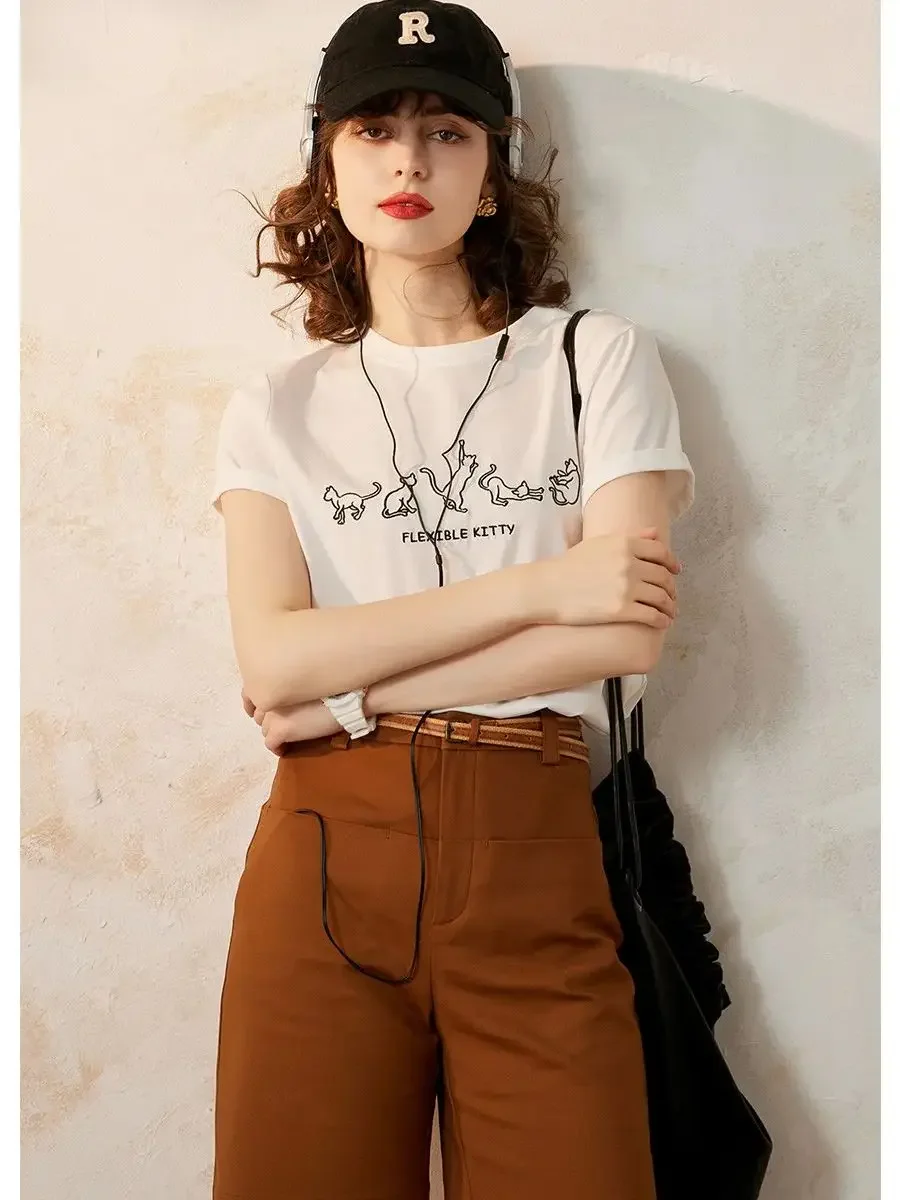 LOUIS YAO Women T-shirt 2024 Summer Top Round Neck Short Sleeve Embroidery Cat Casual Apricot Red White Tee Women\'s Top