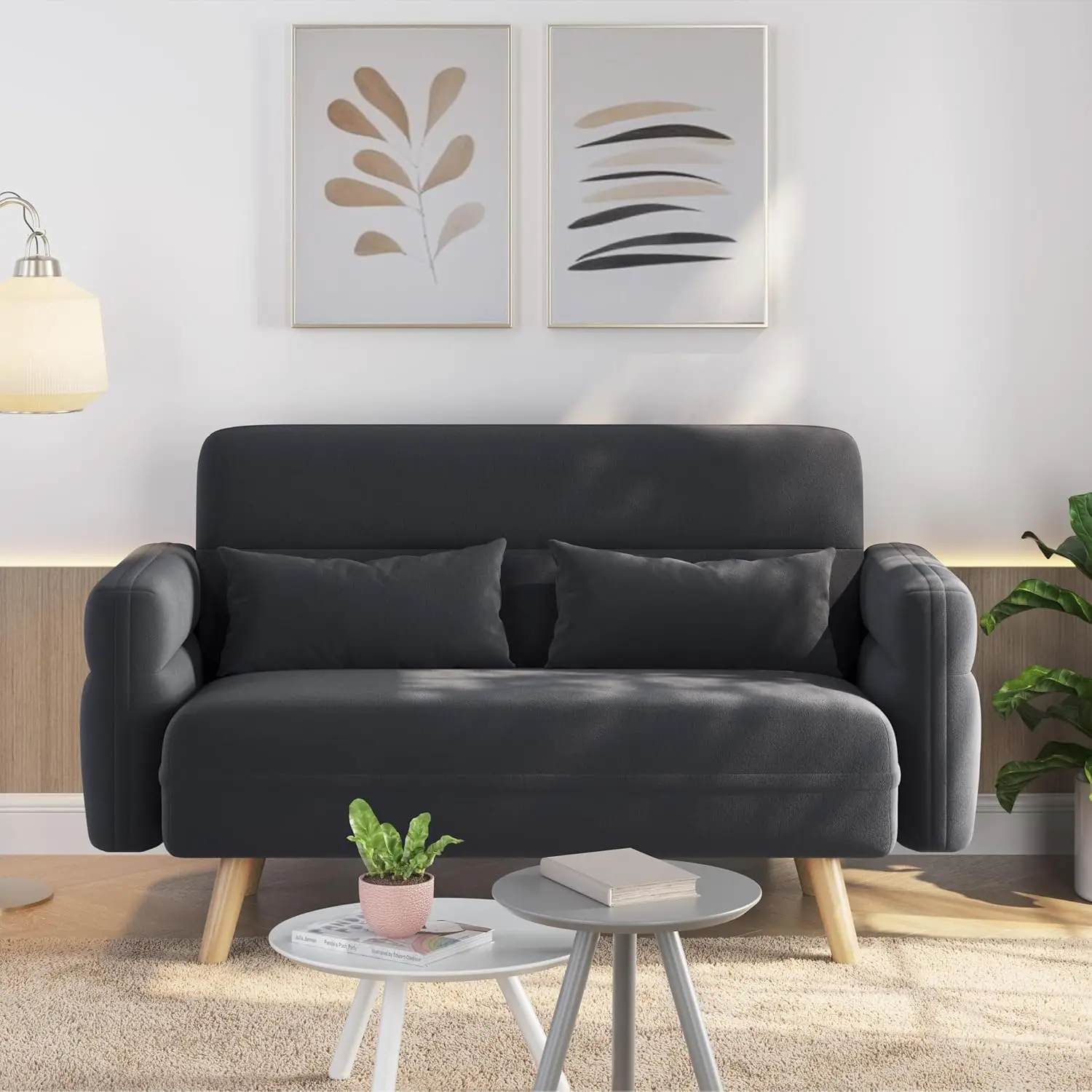 Sofá pequeño y moderno de tela de 46 pulgadas, sofá de dos plazas de mediados de siglo con almohadas lumbares, patas de madera maciza para sala de estar