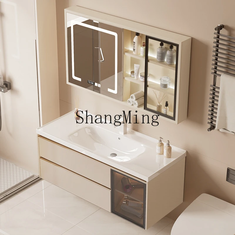

SMModern Minimalist Bathroom Cabinet Ceramic Integrated Cream Style Washstand Washbasin Cabinet Combination Washbasin Mirror