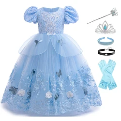 2026 New Cinderella Role Playing Dress, Lace Blue Princess Dress Girls' Carnival Halloween Birthday Party Dress+Accessories