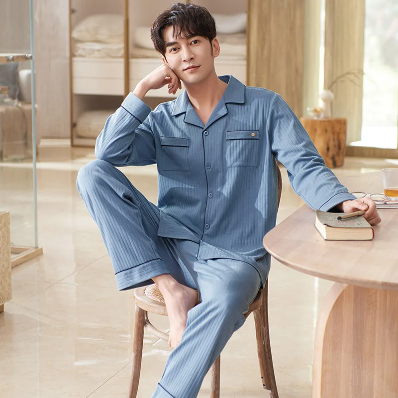 New Autumn Pajama Set Male Full Cotton Sleepwear Solid Home Clothing Long Sleeves Spring Cardigan Leisure Pyjamas Suit 3XL