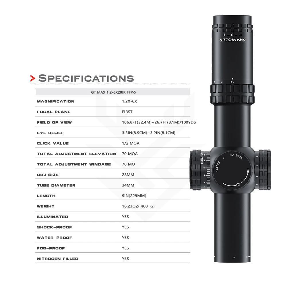 SWAMP DEER Riflescope GT MAX 1.2-6x28 IR First Focal Plane 34MM Tube FFP Tactical Hunting LPVO Lock Reset Shooting Sights