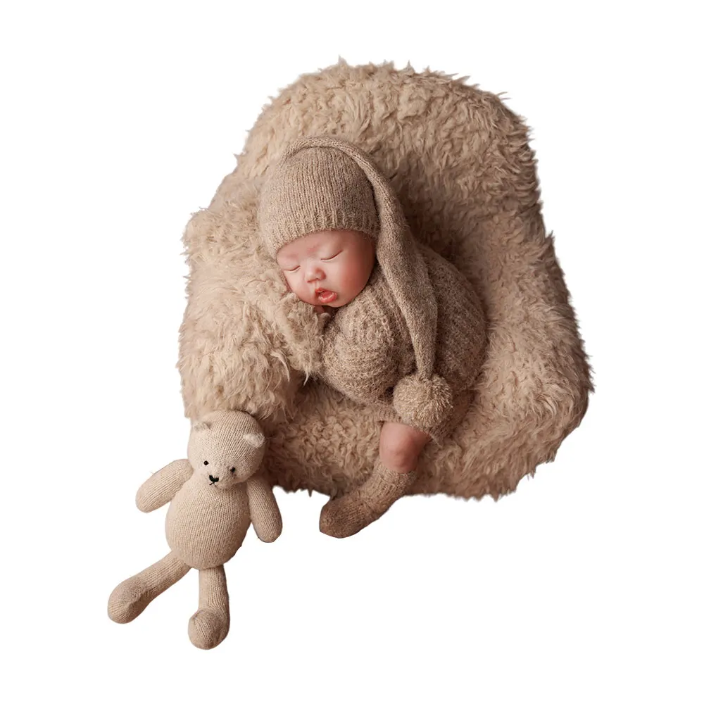 Accesorios de fotografía recién nacido de 0 a 1 mes, trajes tejidos con tema Ins con gorro de noche a juego y osito de peluche para accesorios de fotografía de bebé