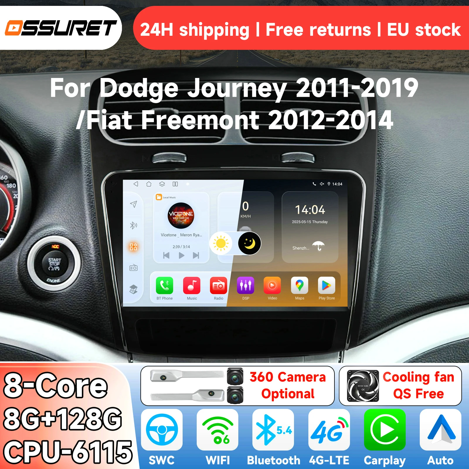 OSSURET Autoradio Android 14 per Dodge Journey 2011-2019 FIAT Freemont 2012-2014, Lettore Multimediale con Carplay, GPS, 4G, 6115