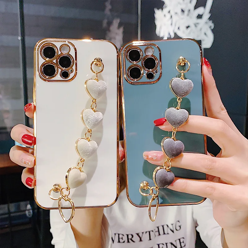 Bracelet Love Heart Plating Phone Case  For iPhone 11 12 13 14 Pro Max Mini X XR 7 8 Plus SE 3 Soft Shockproof Bumper Back Cover