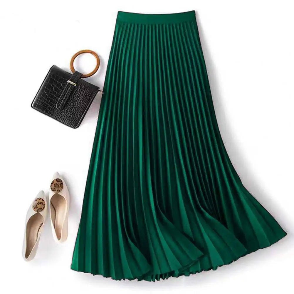 Pleated Skirt Elegant Satin Pleated Midi Skirt for Women High Waist Solid Color Long Skirt for Work Daily Wear Stylish Leisure