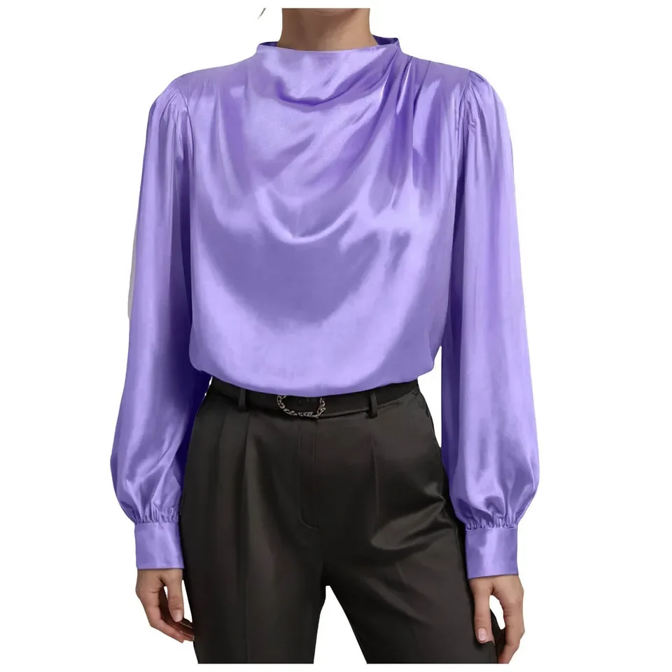 Women Turtleneck Tops Solid Color Long Sleeve Office Blouse Work Wear Commuting Ruffled Party Shirts Elegant Loose Blouse
