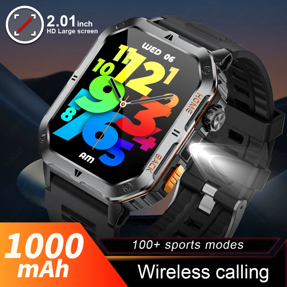 

LIGE 1000mAh Large Battery Smart Watch 3ATM Waterproof Outdoor Sport Fitness Health Monitor Flashlight Bluetooth Call Smartwatch